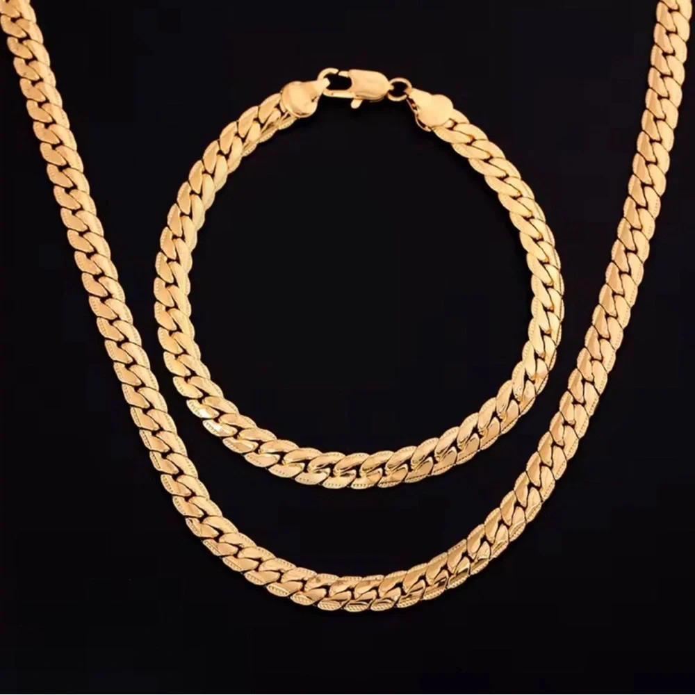 18k Gold Plated over Sterling Silver Cuban Link Necklace and Bracelet Set